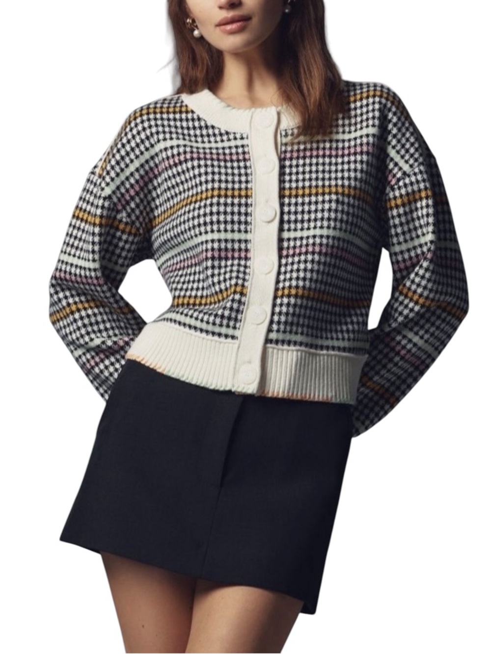 Maeve Cream Multicolor Houndstooth Button-Front Cardigan